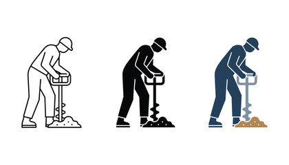 Construction worker using handheld earth drill icon set in outline black silhouette and flat color styles for building and excavation concepts © TARU STOCKPLC