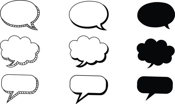 Collection of nine different comic book style speech bubbles for dialogue and text