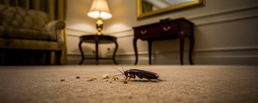 Cockroach on white carpet in hotel room. Concept of pest control problem and unsanitary condition in accommodation. Banner or poster advertising sanitary or disinfection services.	

