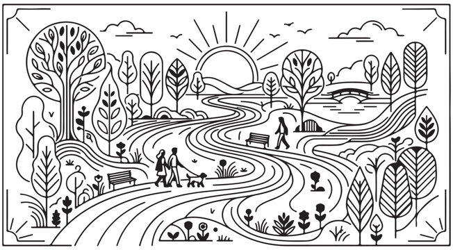 Minimalist line art vector of a park landscape with winding path trees sun and people walking for coloring page or nature background