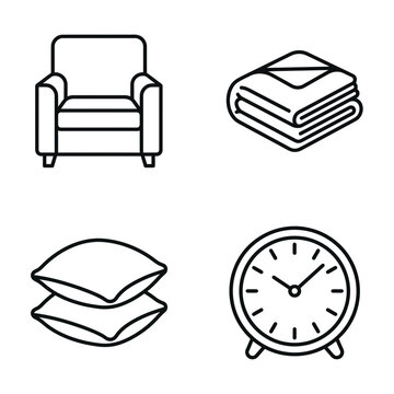 A set of four simple line art icons representing home furniture and decor items.