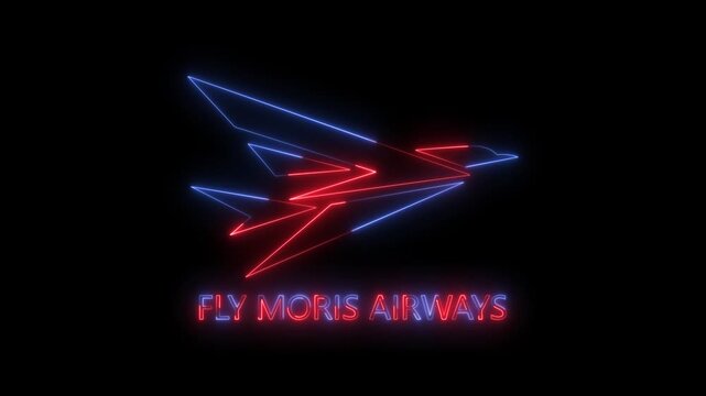 Neon airplane logo with red and blue lines and airline name  Fly Moris Airways