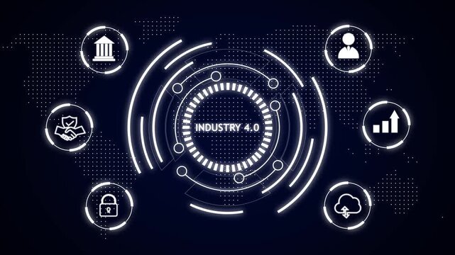 Industry 4.0 abstract technology background with icons representing finance security people growth and cloud computing