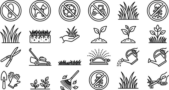 Lawn care and gardening thin line icons set vector illustration isolated on white background