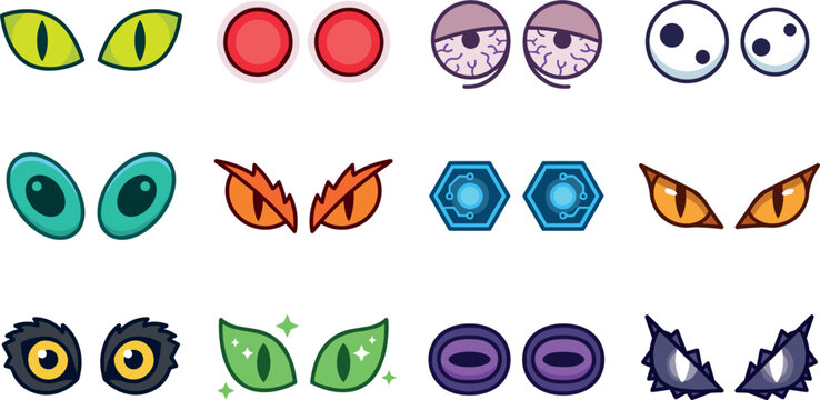 Spooky monster and alien cartoon eyes color icon set for Halloween and character design