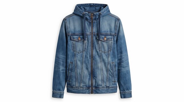 Denim jacket mockup with hood and zipper blue wash fashion presentation isolated on transparent background