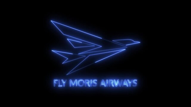 Blue neon airplane logo with fly moris airways text on dark background