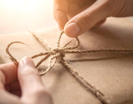 Close-up of hands tying a jute twine bow around a craft paper package