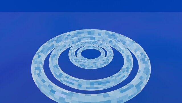Futuristic blue concentric rings with pixelated texture, digital circular data visualization concept, abstract high-tech rings on blue background
