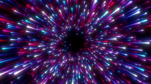 Abstract background in blue and red neon glow colors. Speed of light in galaxy. Explosion in universe. Cosmic background for event, party, carnival, celebration, anniversary or other. 3D rendering.