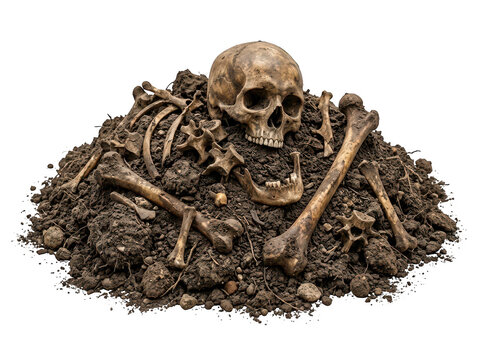 Human skull and bones in a pile of soil isolated on transparent background
