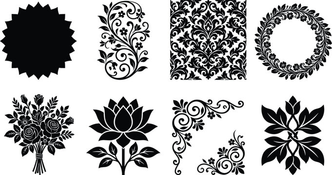 Collection of black floral silhouettes decorative elements damask seamless pattern corner borders and flower bouquets isolated on white background