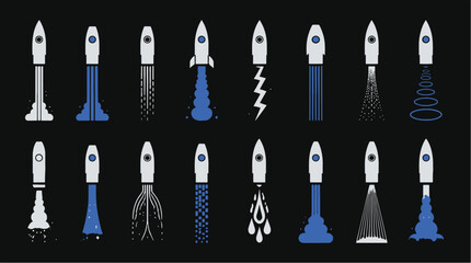 Collection of various rocket ship icons in white blue and gray. © Bijak