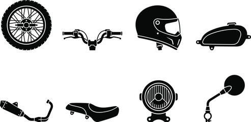 Collection of motorcycle parts and accessories icons featuring wheel handlebars full face helmet fuel tank exhaust pipe seat headlight and rearview mirror © Mst Shamima