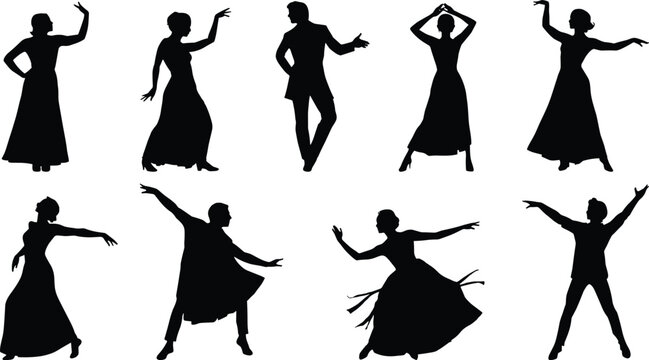 Collection of elegant dancer silhouettes performing ballroom ballet and classical dance poses isolated on a white background