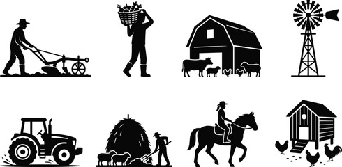 Farming and agriculture silhouettes collection featuring farmer plowing, harvesting crops, farm barn, windmill, tractor, livestock, and chicken coop © Mst Shamima