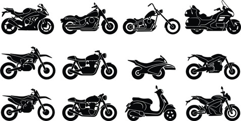 Different types of motorcycles and motorbikes silhouettes set including sportbike cruiser scooter dirt bike isolated on white background © Mst Shamima