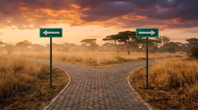 Two green directional signs pointing in opposite directions stand at a fork in a paved road during a golden sunset
