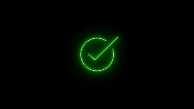 Neon tick mark. Check mark circle animation approval success confirmation validation. Tick mark icon correct action verified status completed task. Check sign accept agreement yes ok animation.