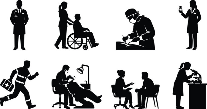 Medical and healthcare icons set featuring doctor nurse surgeon pharmacist paramedic dentist therapist and lab scientist vector silhouettes