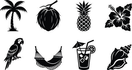 Tropical beach vacation icons and summer elements silhouettes set including palm tree coconut pineapple hibiscus macaw hammock cocktail and seashell isolated on white background © Mst Shamima