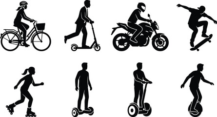 Urban personal transportation silhouettes set featuring bicycle electric scooter motorcycle skateboard roller skates hoverboard and unicycle riders © Mst Shamima