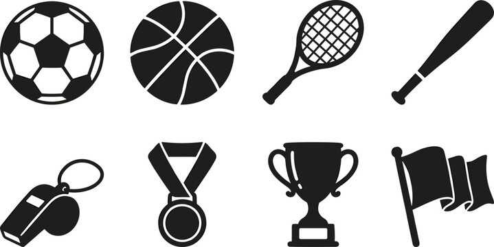 Sports equipment and championship awards icons set including soccer basketball tennis racket baseball bat and trophy isolated on white background