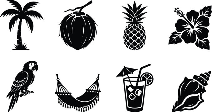 Tropical beach vacation icons and summer elements silhouettes set including palm tree coconut pineapple hibiscus macaw hammock cocktail and seashell isolated on white background