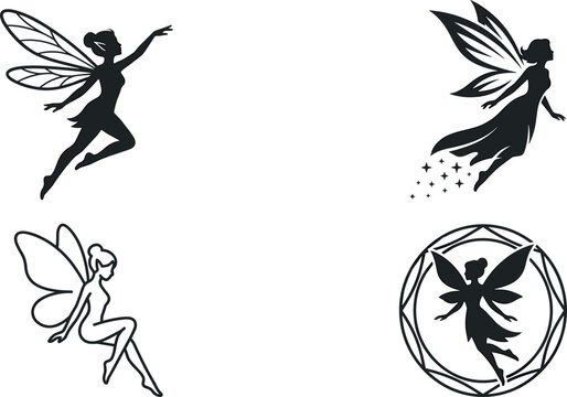 Fairy Silhouette Icon Set Featuring Magical Flying Pixies Outline Mythical Creatures and Circular Fantasy Badges for Storybook and Logo Designs