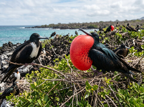Courtship display of a magnificent frigatebird (Fregata magnificens) inflating its red gular sac