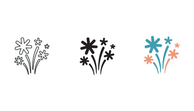 Three styles of firework explosion icon showing celebration in line art silhouette and colored flat graphic design for festivals and party event branding