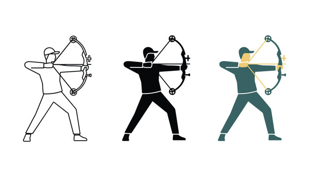 Professional archer holding compound bow aiming vector icon set in outline solid and colored flat design styles