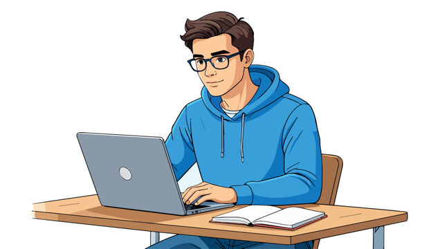 Young man using laptop for studying or working