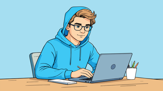 Young character drawing working on laptop computer