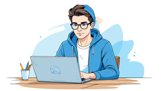 Young man using laptop for online work