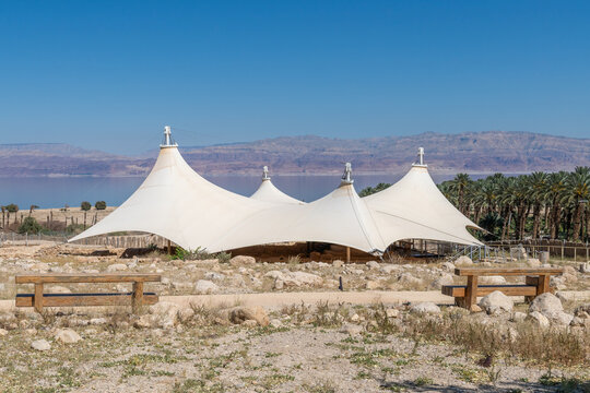 The protective tent covering the ancient synagogue at Ein Gedi in Israel.
