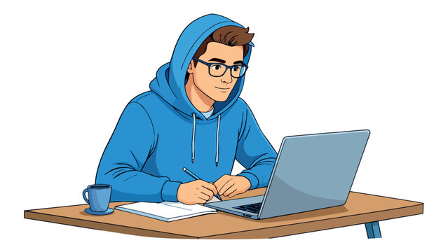 Student character learning online, writing on notebook