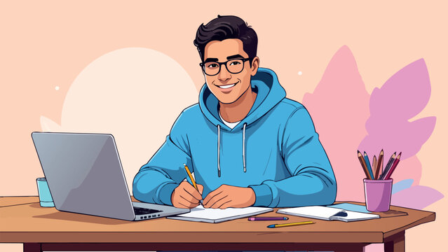 Young student man writing notes at desk