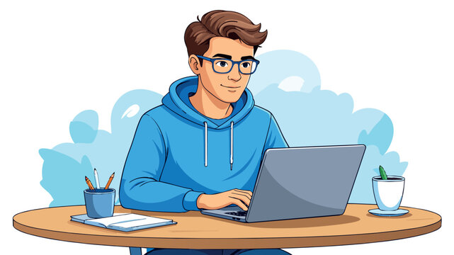 Male character wearing glasses working on laptop