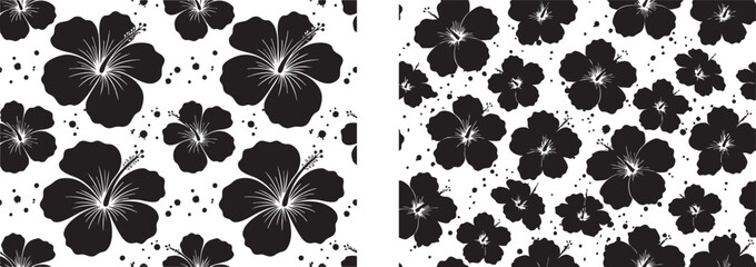 Fototapeta premium Black silhouette hibiscus flower seamless pattern tile set. Tropical floral concept illustrating Hawaiian summer style. Suitable for textile apparel prints. Transparent EPS.