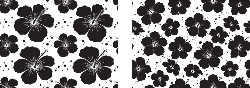 Black silhouette hibiscus flower seamless pattern tile set. Tropical floral concept illustrating Hawaiian summer style. Suitable for textile apparel prints. Transparent EPS.