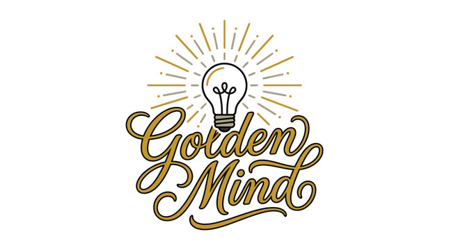 Golden Mind lettering design with light bulb icon and sunburst rays.