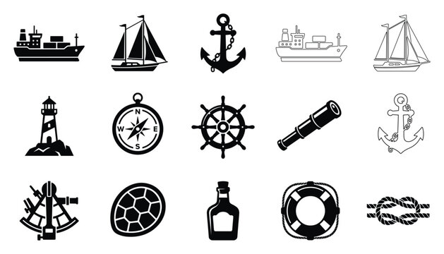 Nautical theme vector illustration elements for sea travel and maritime exploration equipment set.