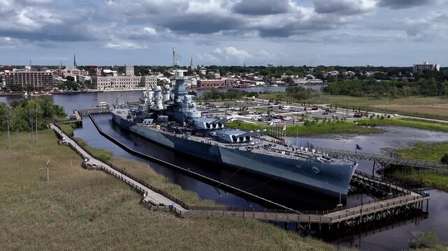 Aerial View of USS North Carolina BB-55 Battleship Museum on public display in Wilmington