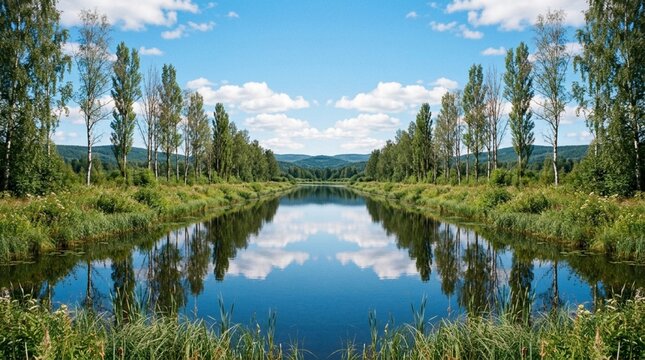 Landscape photograph featuring a serene natural scene. The image showcases a symmetrical layout with a narrow, reflective river running through the center, bordered by lush green vegetation. Tall, sle