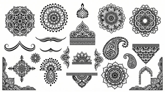 Intricate traditional mehndi henna design for Indian weddings and celebrations. Elegant floral, Paisley, and detailed geometric patterns. Premium vector art
