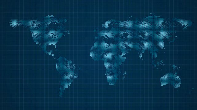 World Map Global Blue Loop. This Animated World Map With Visual Effects And Glowing Connections In Different Places On The Map. Digital Technology World Map Animation. Glowing Connection