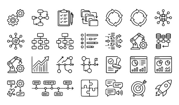 Workflow And Process Management Line Icon Set With Flowchart Automation And Data Flow Symbols