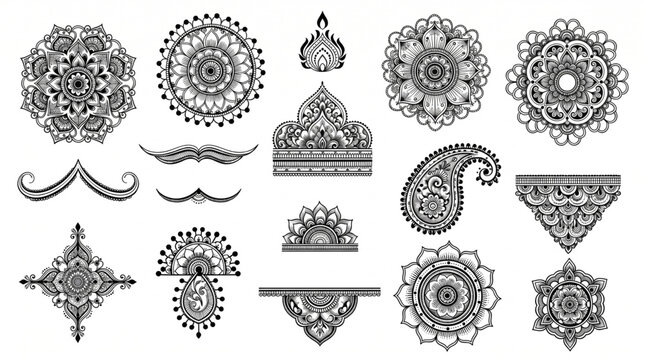 Intricate traditional mehndi henna design for Indian weddings and celebrations. Elegant floral, Paisley, and detailed geometric patterns. Premium vector art