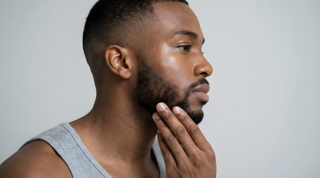 Handsome young african american man touching his well groomed beard while looking away against a clean light grey studio background